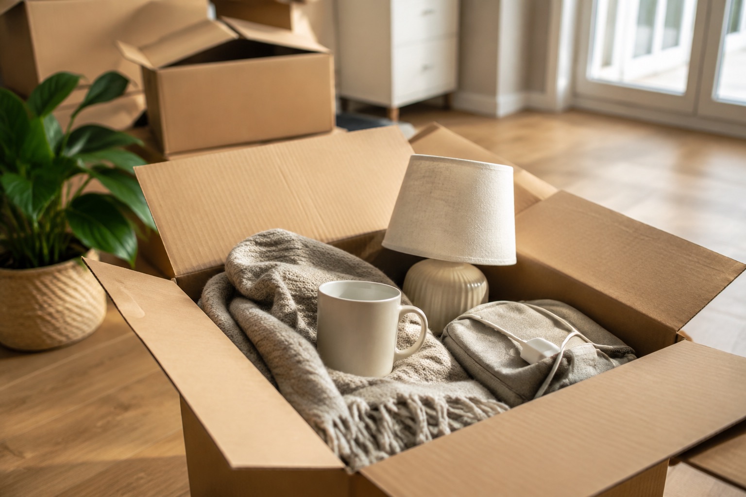 An open first-night moving box containing a blanket, mug, lamp, and essentials