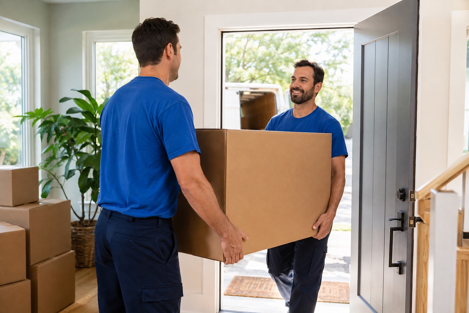 Two movers in blue uniforms carrying a box through a bright home entrance