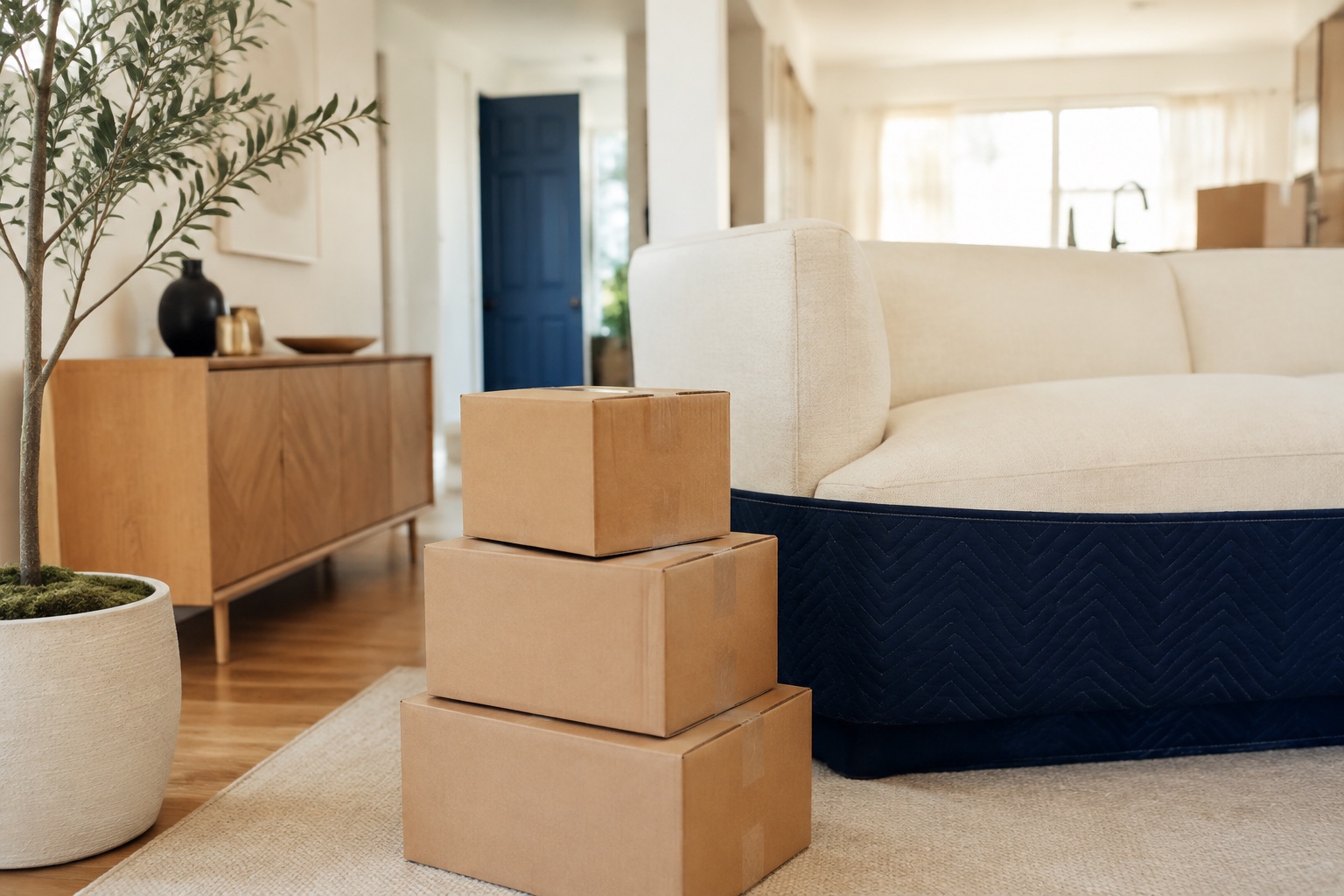A bright apartment with moving boxes and a carefully protected sofa