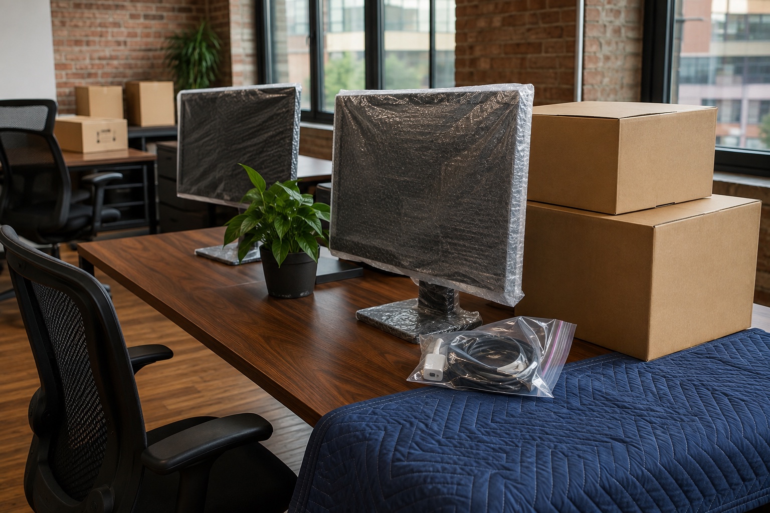 A small office organised for relocation with protected screens and grouped boxes