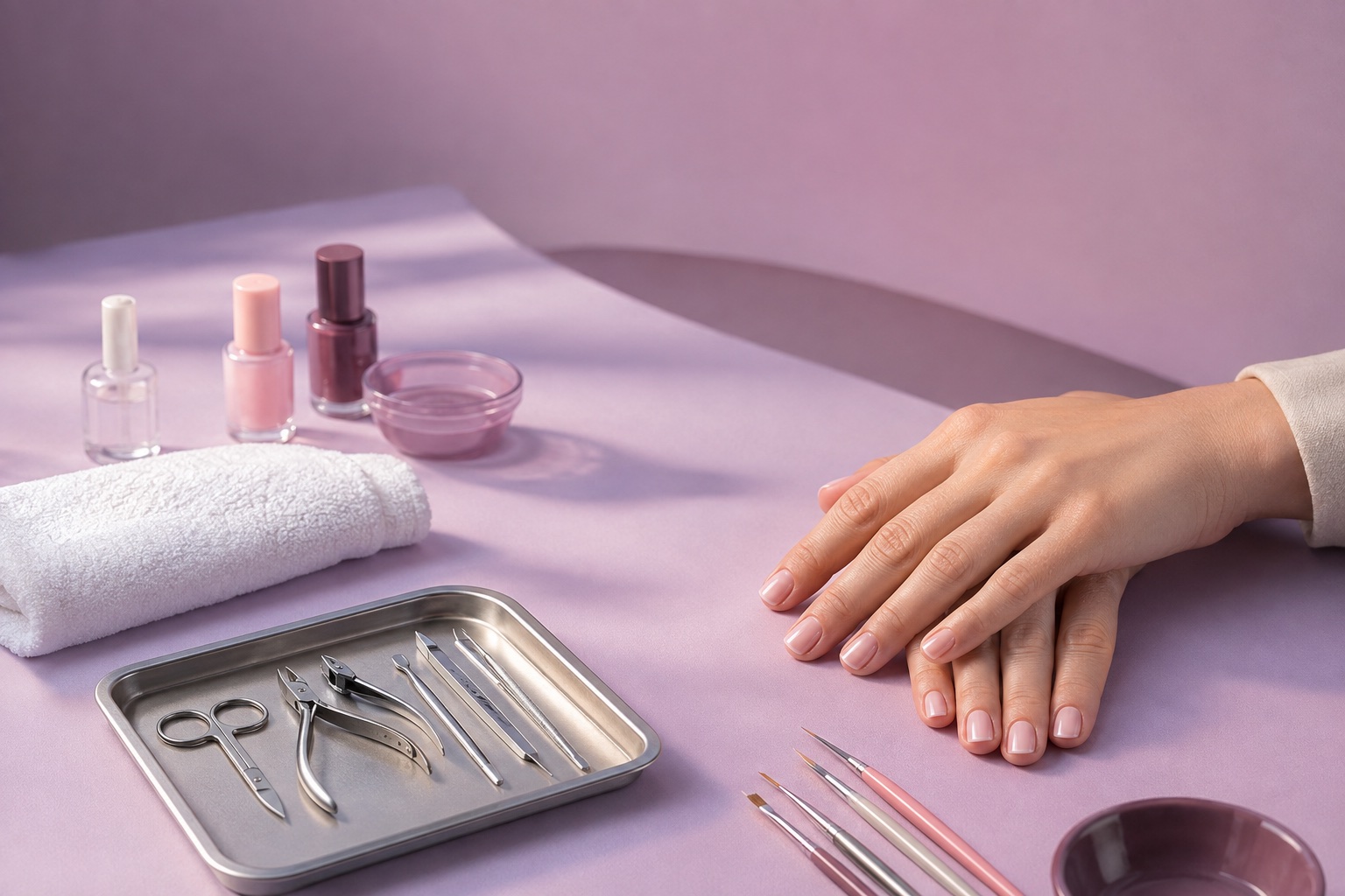 A manicure workstation with neatly arranged files and brushes