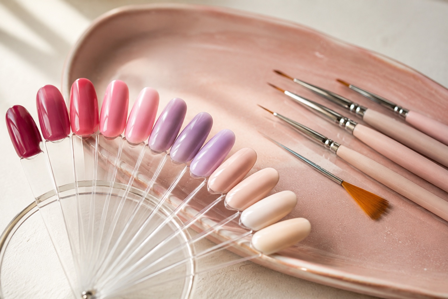 Pink, cherry, nude, and lavender nail swatches beside manicure brushes