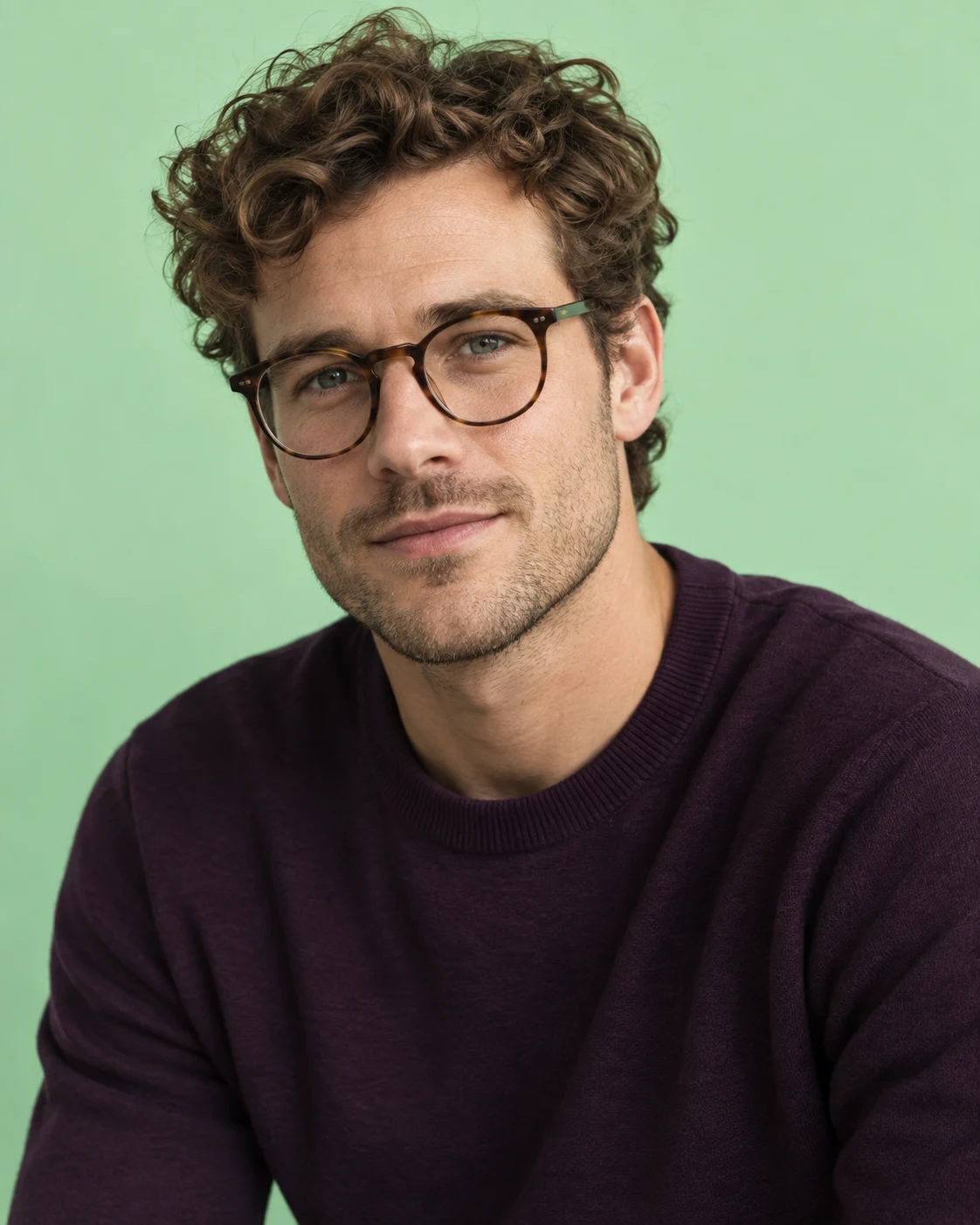 Portrait of a man wearing warm tortoiseshell round glasses
