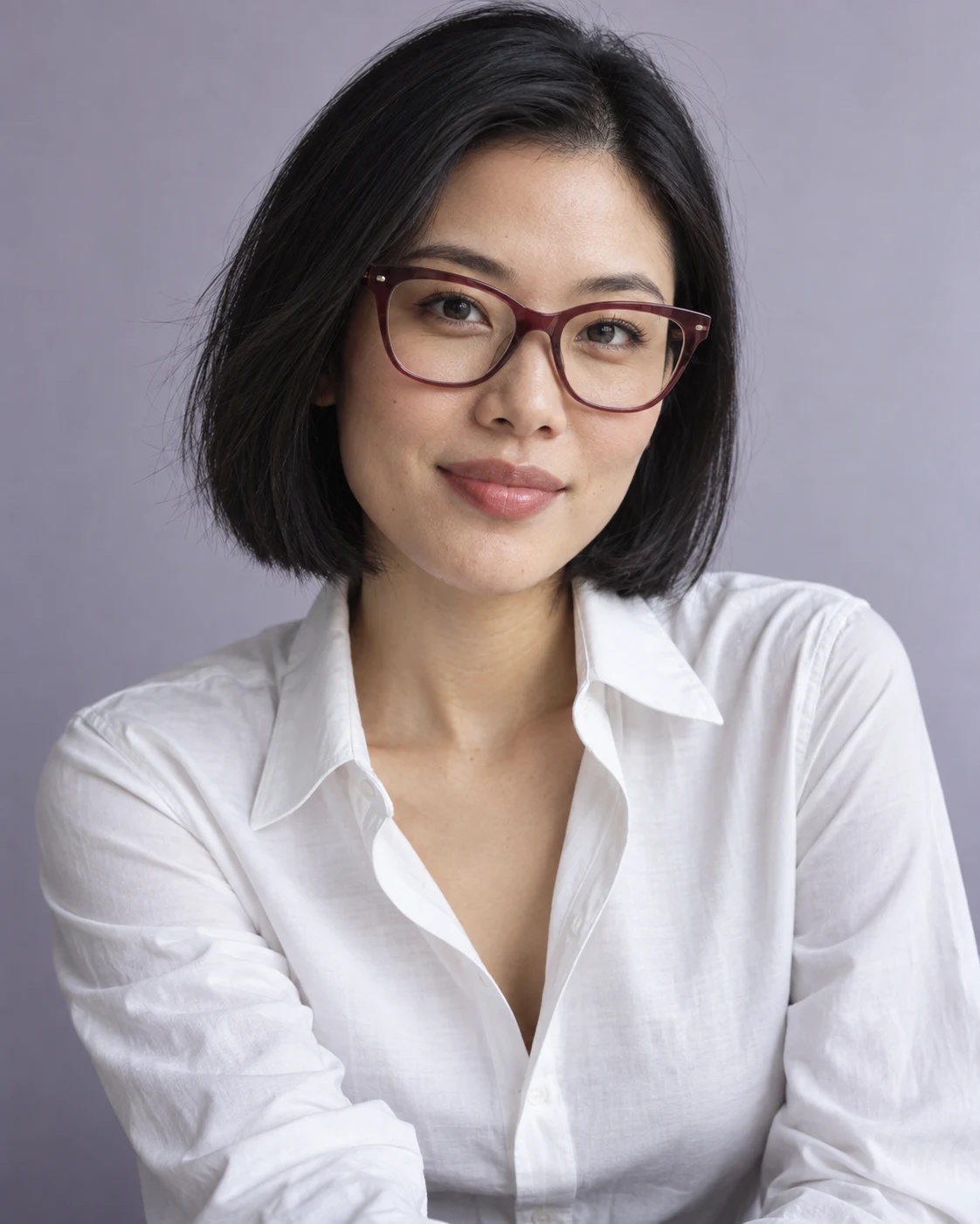 Portrait of a woman wearing translucent cherry cat-eye glasses