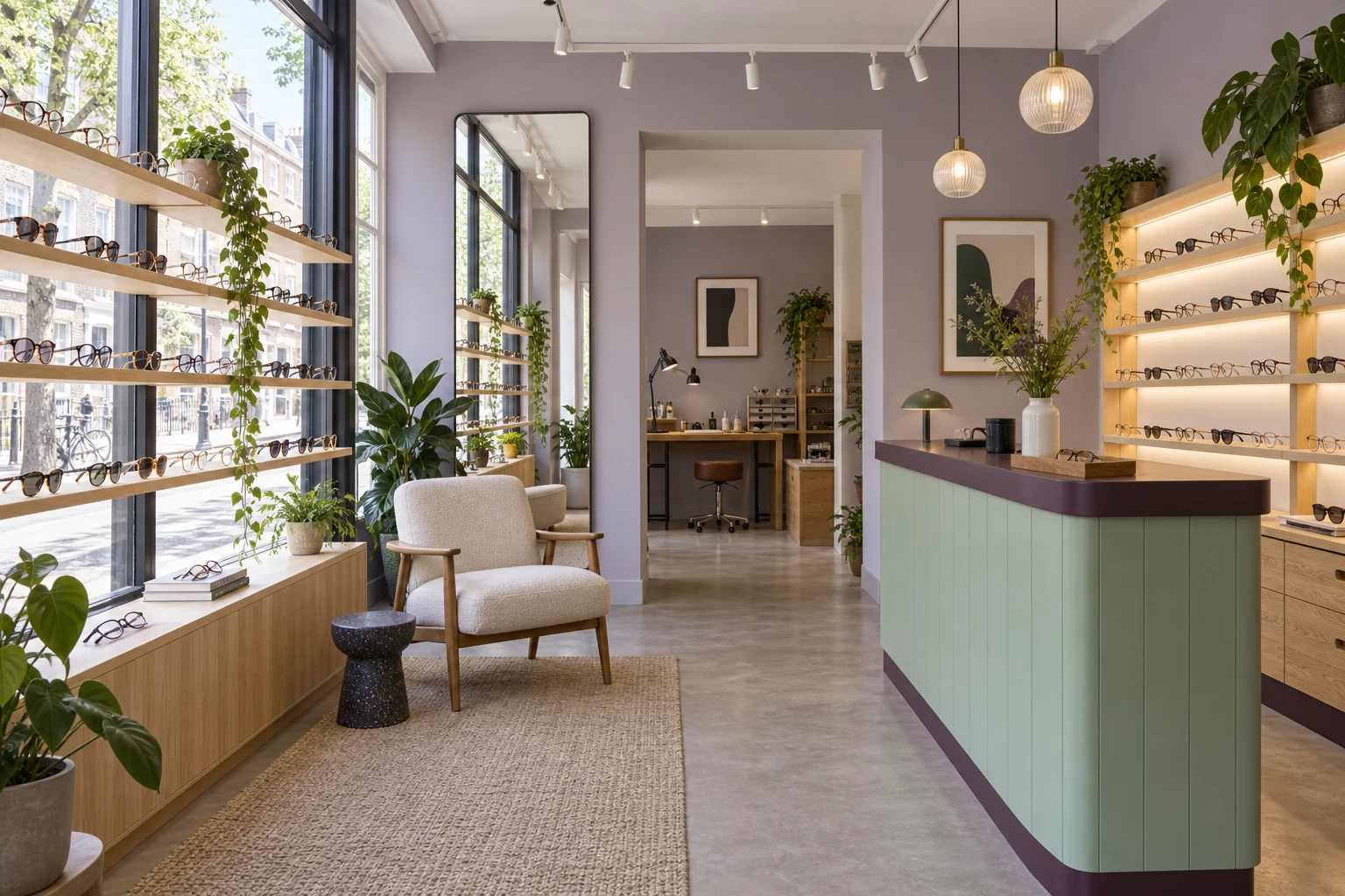 Offset eyewear studio with timber frame displays, a mint counter and a fitting mirror