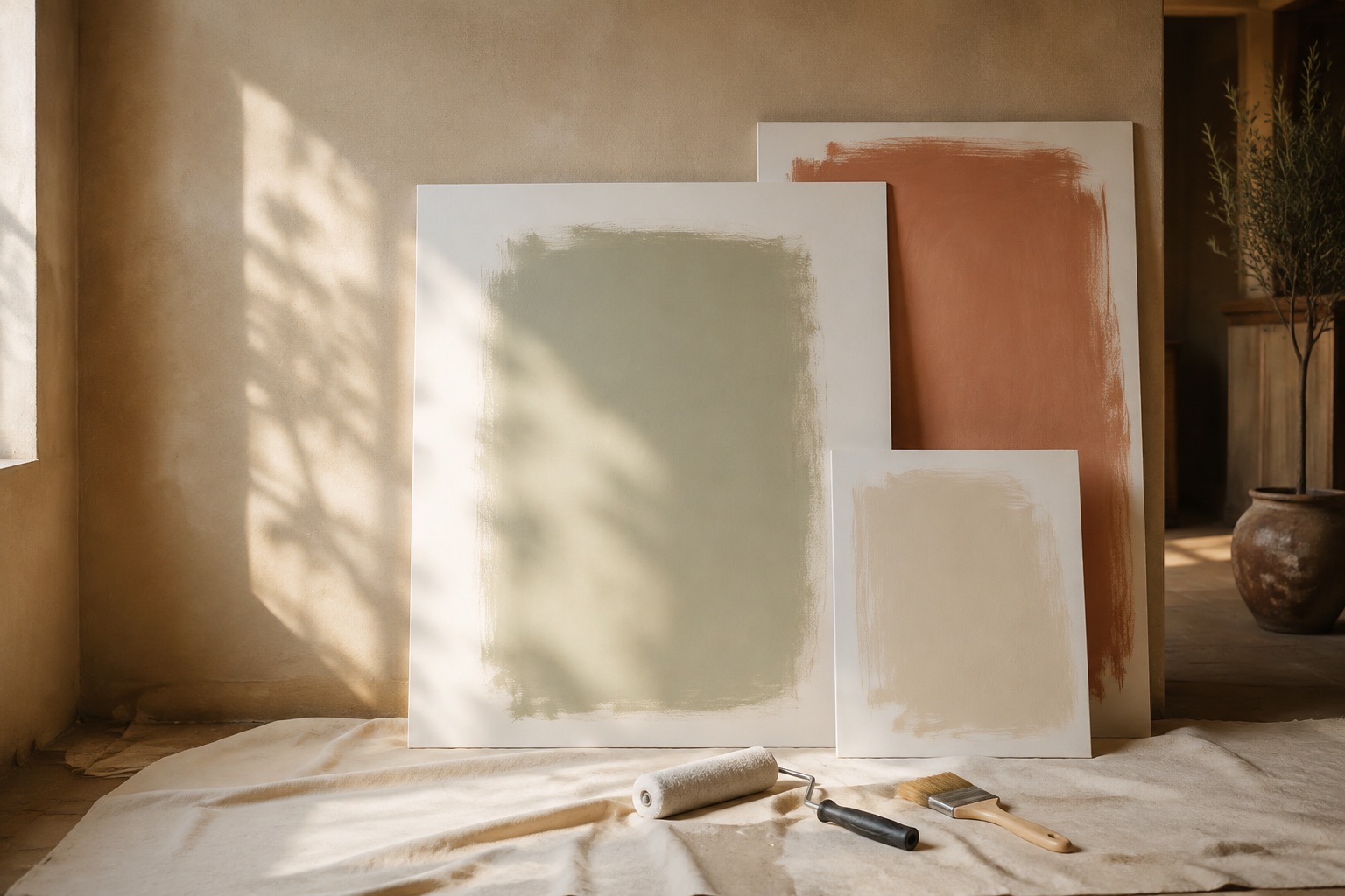 Paint sample boards in warm muted tones with a brush and colour fan
