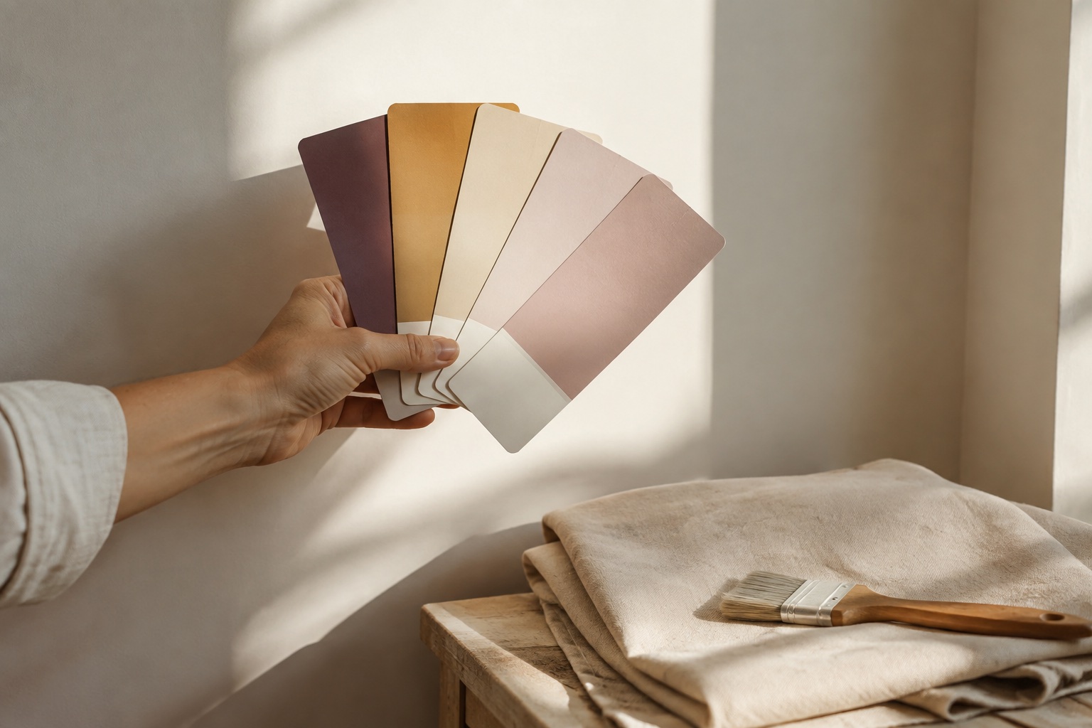 A hand holding a fan of warm paint swatches beside painting tools