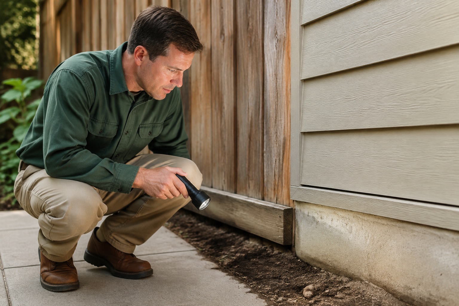 A professional inspecting the exterior wall and garden boundary of a home
