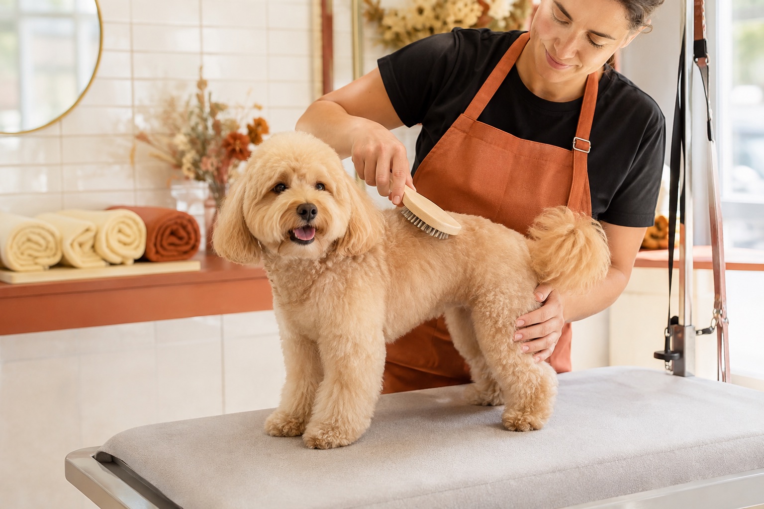 An apricot dog being gently brushed by a groomer in a calm studio setting