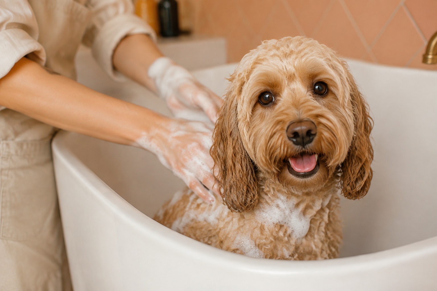 An apricot cockapoo enjoying a gentle, sudsy bath with a groomer