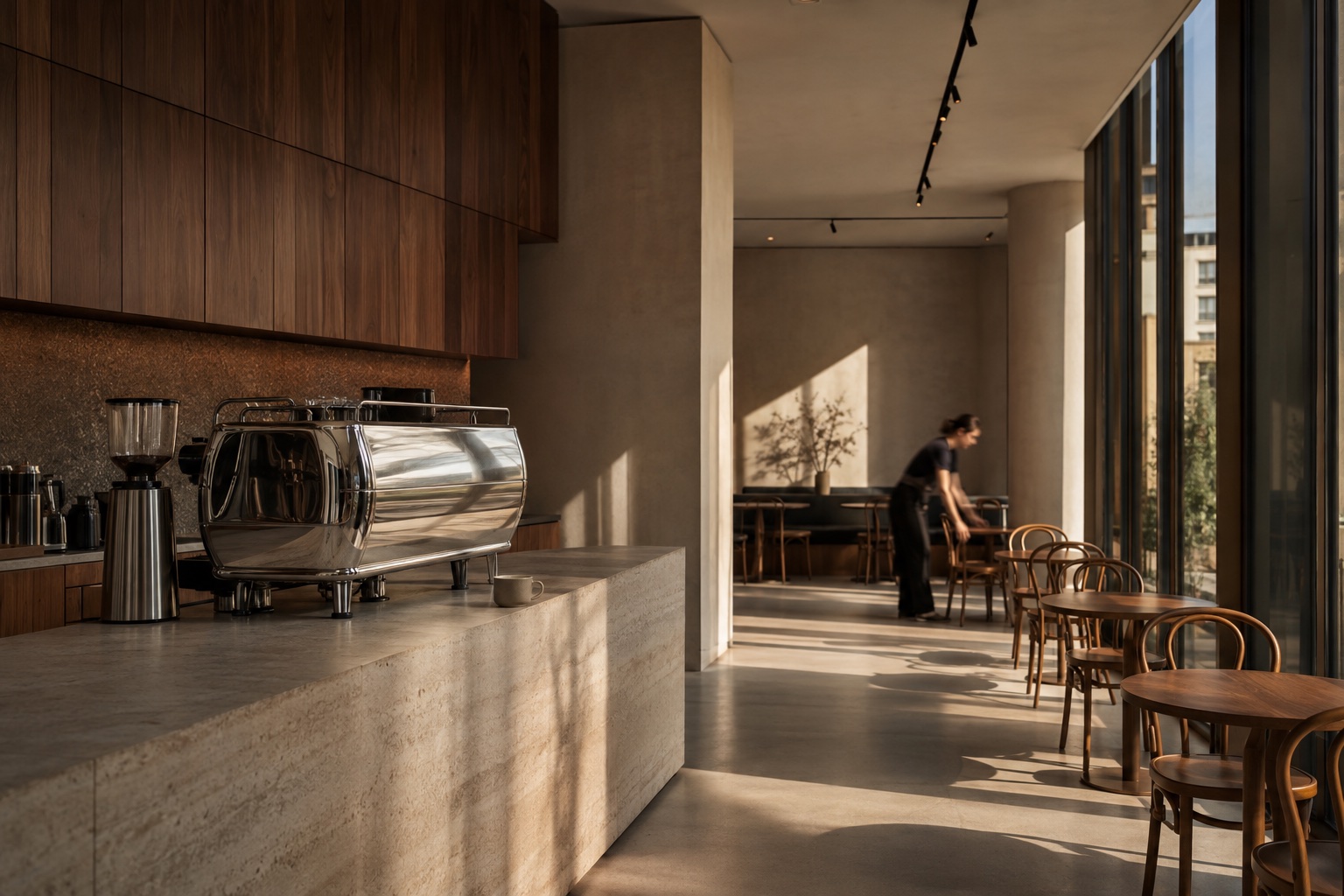 Morning sunlight across a travertine coffee counter and walnut-lined cafe interior
