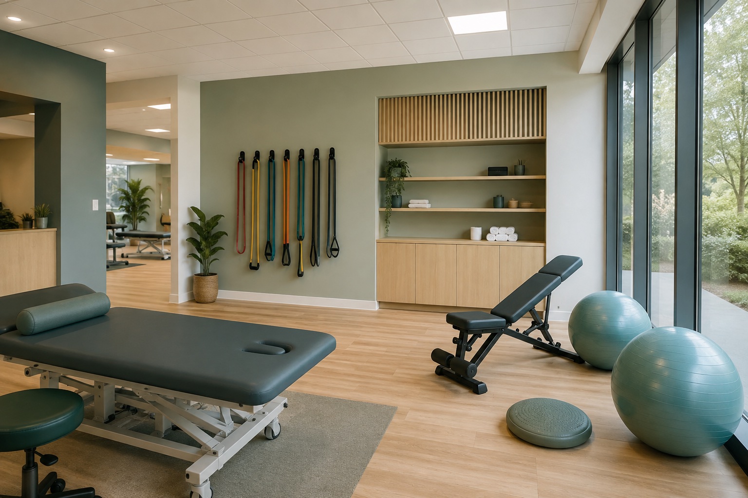 A bright, unoccupied rehabilitation studio with space for movement and assessment