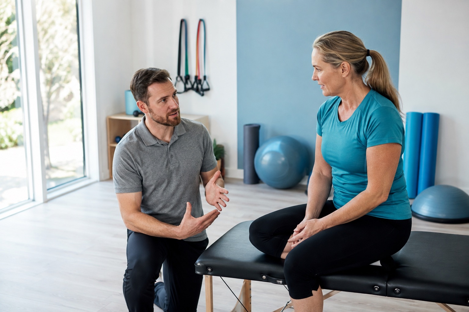 A physiotherapist and client discussing movement beside an exercise bench