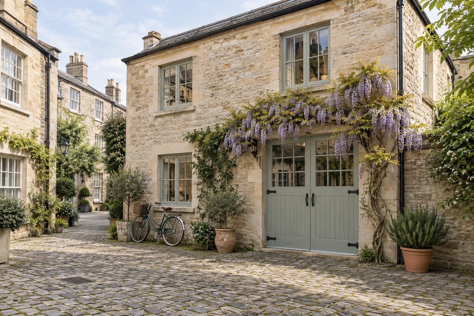 An imagined stone coach house in a quiet Clifton mews with green doors, climbing plants, and cobblestone paving