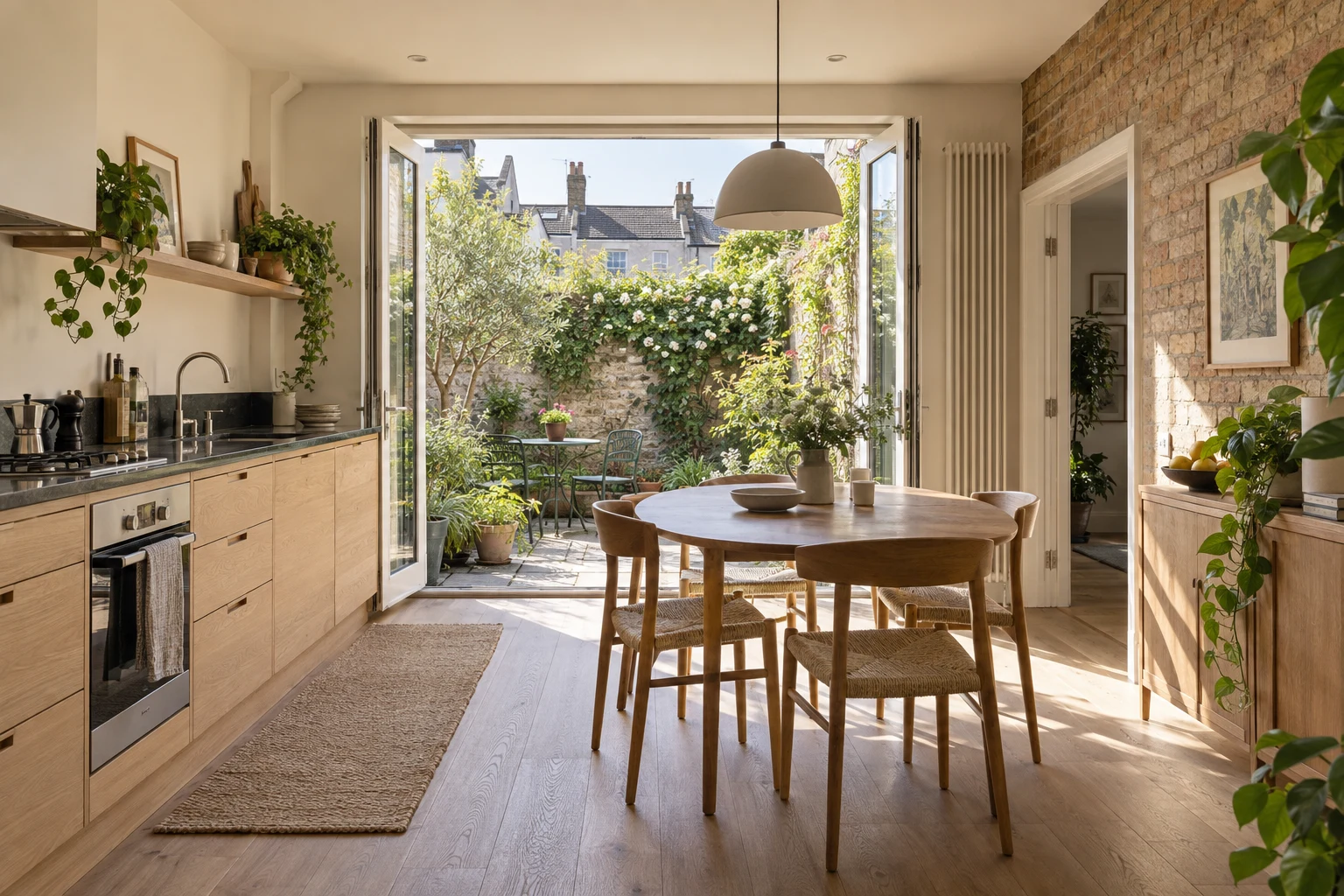 An imagined pale oak kitchen and dining room opening onto a small planted courtyard