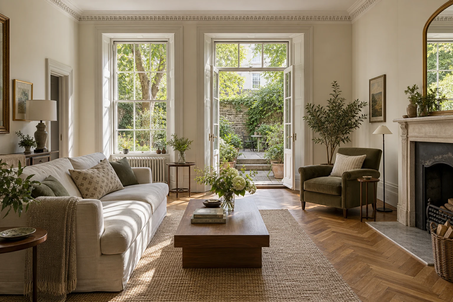 An imagined Georgian garden flat with tall windows, parquet flooring, and doors to a leafy garden