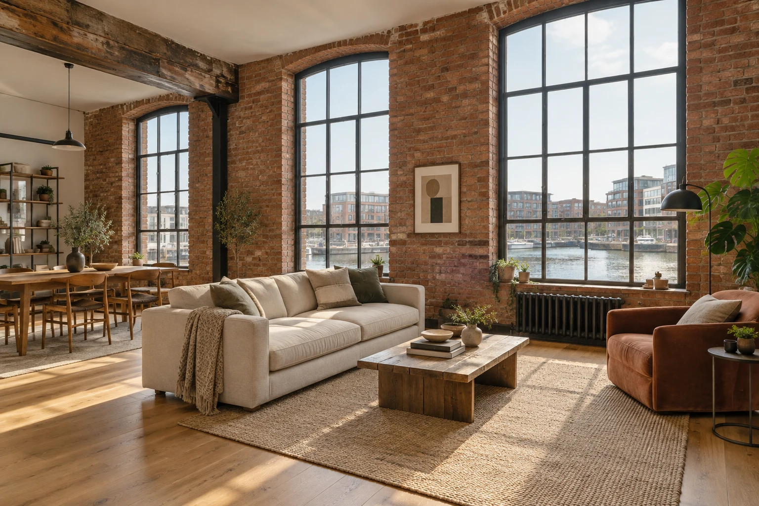 An imagined warehouse apartment with original red brick, timber beams, and large windows toward the harbour