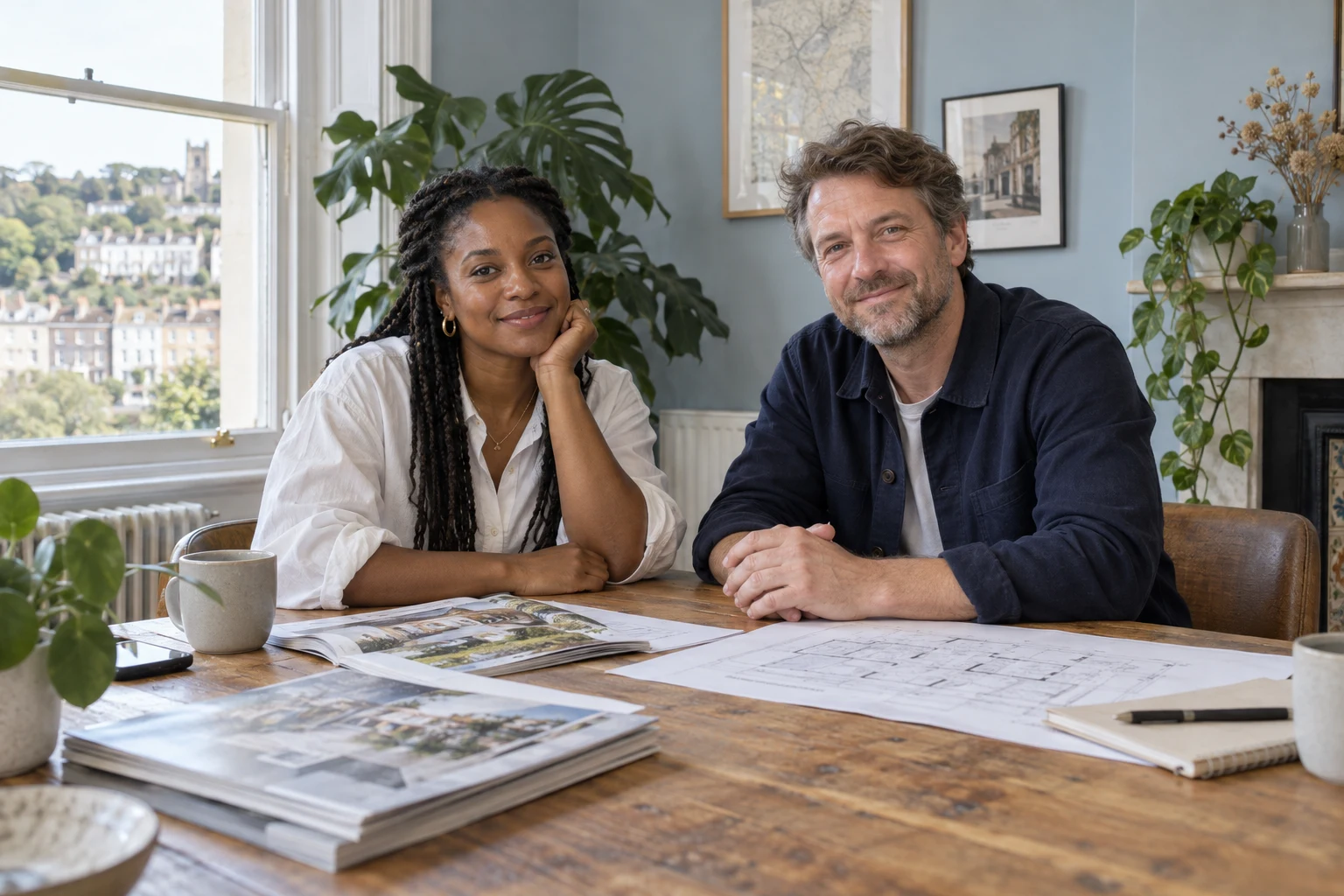 Amelia and Ben, the fictional Yard and Key agents, at a table in their small local office