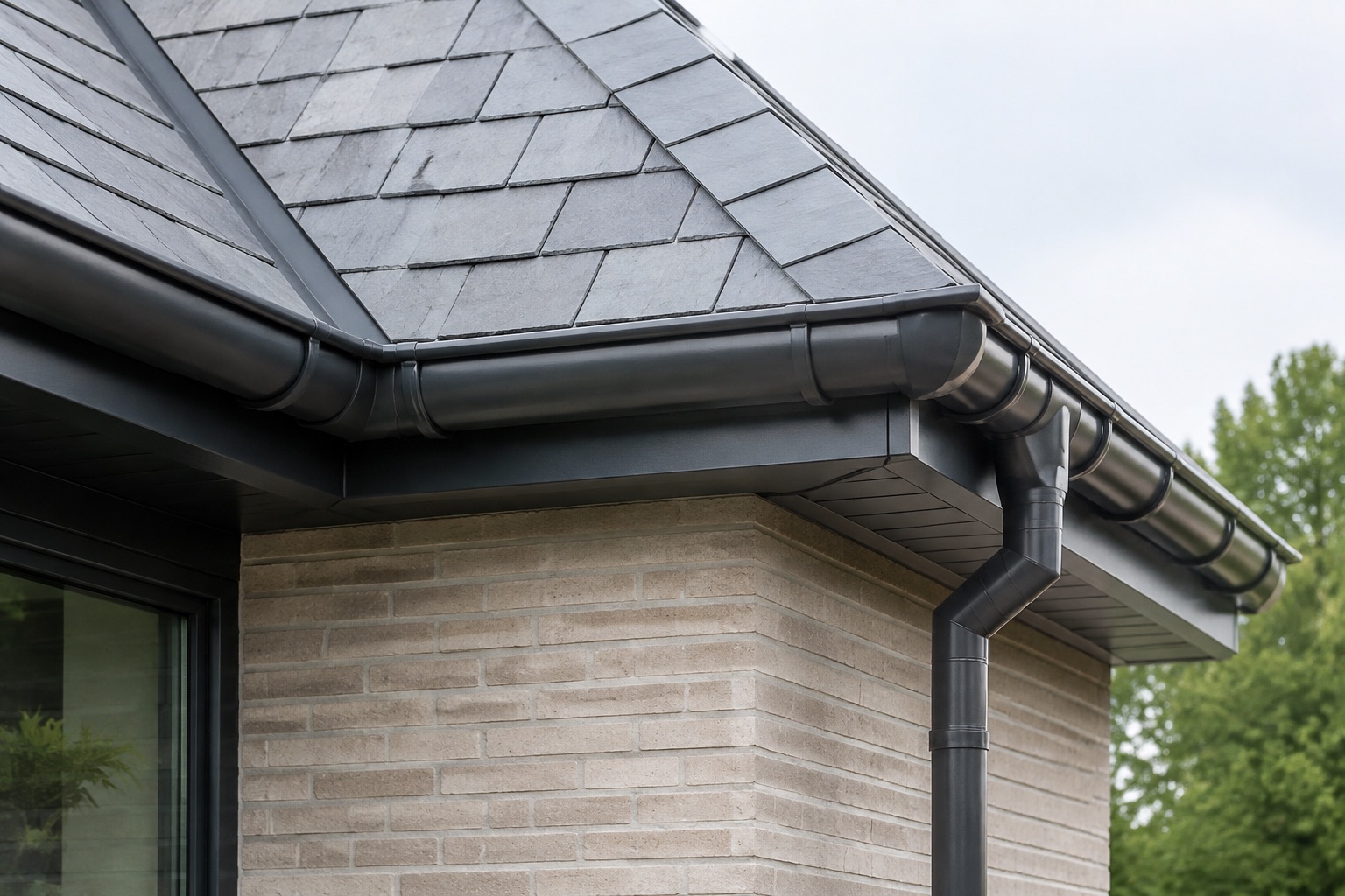 A roof eave with clean guttering and carefully fitted roof tiles
