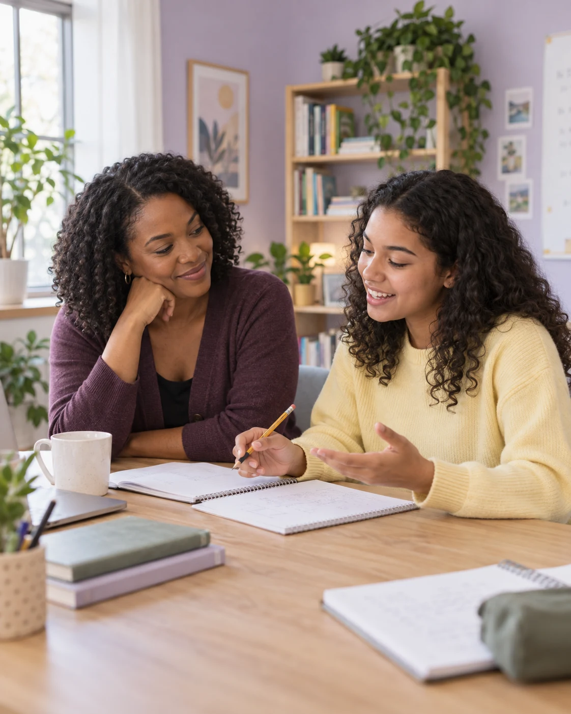 A tutor listening as a student works through a maths problem in a bright learning studio