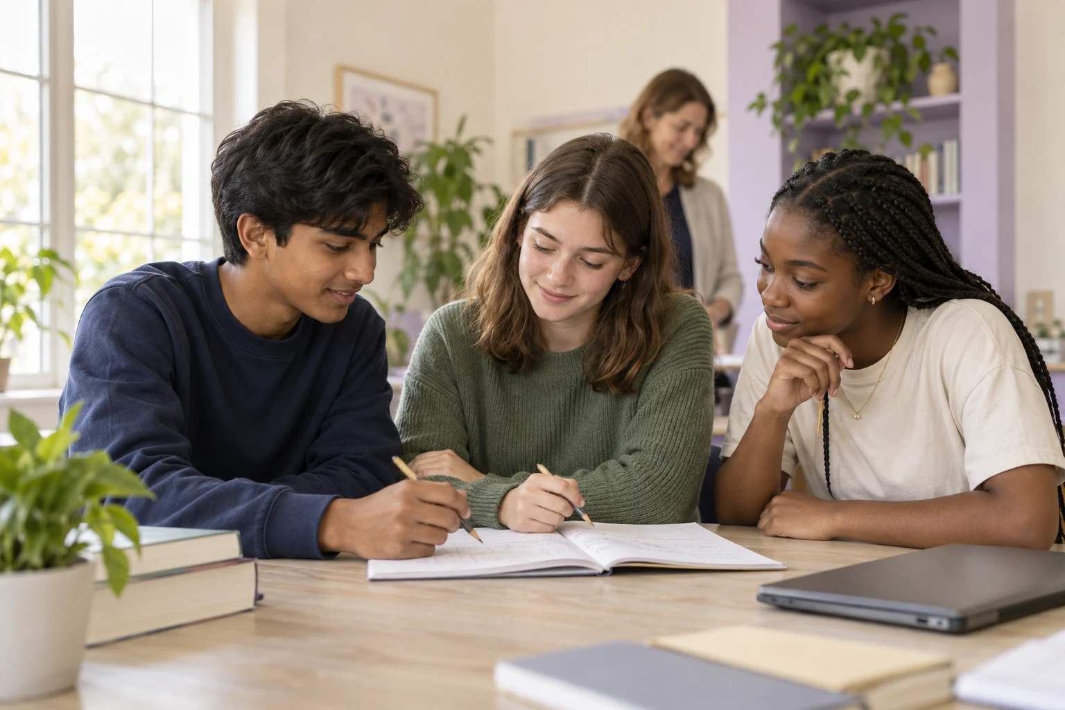 Three students sharing ideas around a table during a small-group lesson