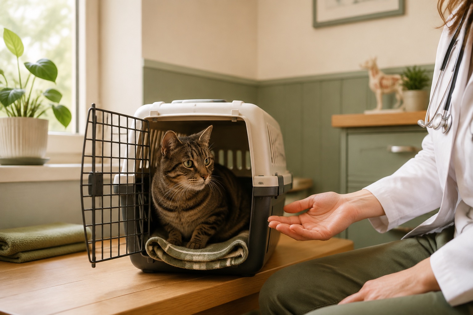 A tabby cat looking out of a familiar carrier in a quiet veterinary room