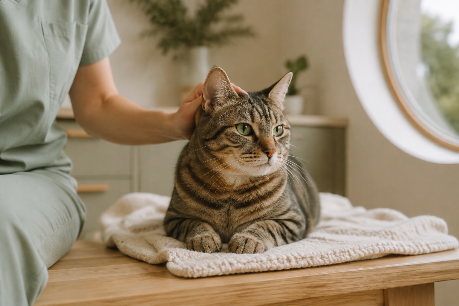 A curious tabby cat resting comfortably in a sunlit veterinary consultation room