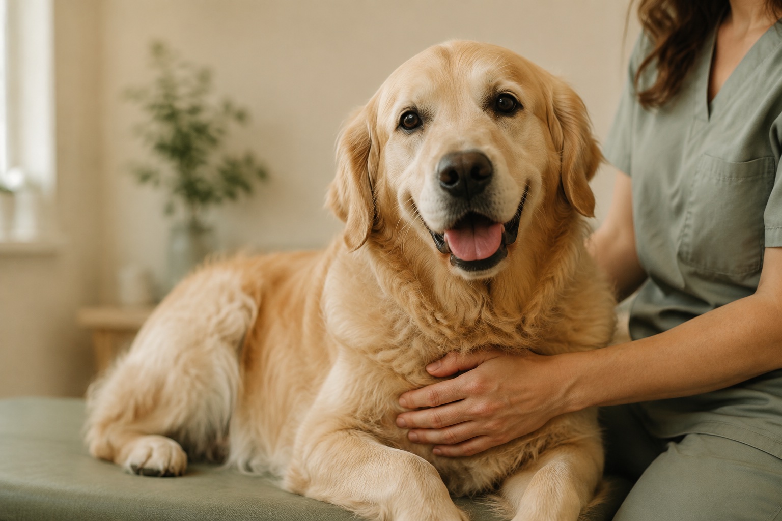 A relaxed golden retriever enjoying a gentle checkup with a veterinary team member
