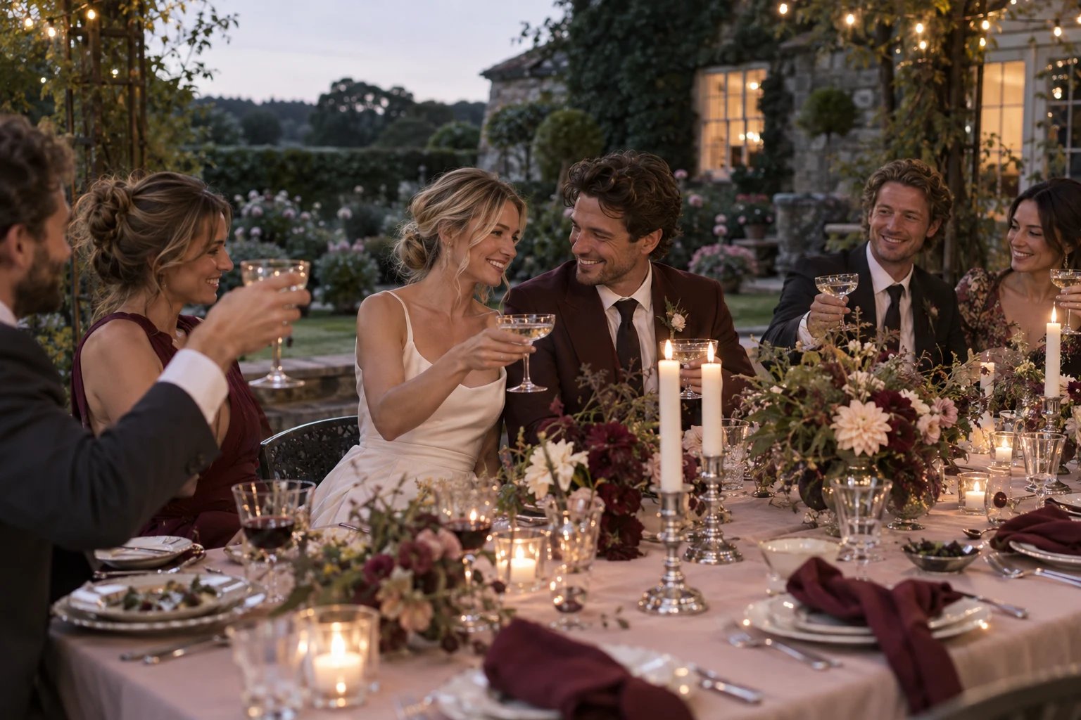 A newly married couple sharing an outdoor dinner with friends