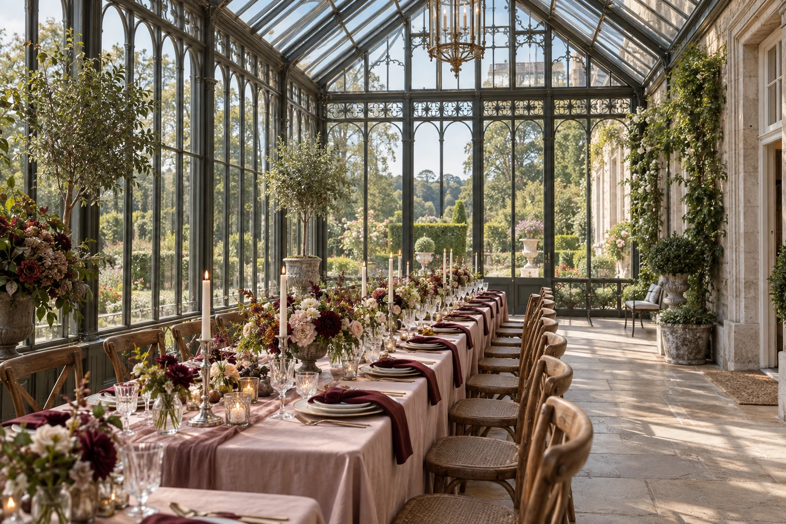 The glasshouse set for a wedding breakfast