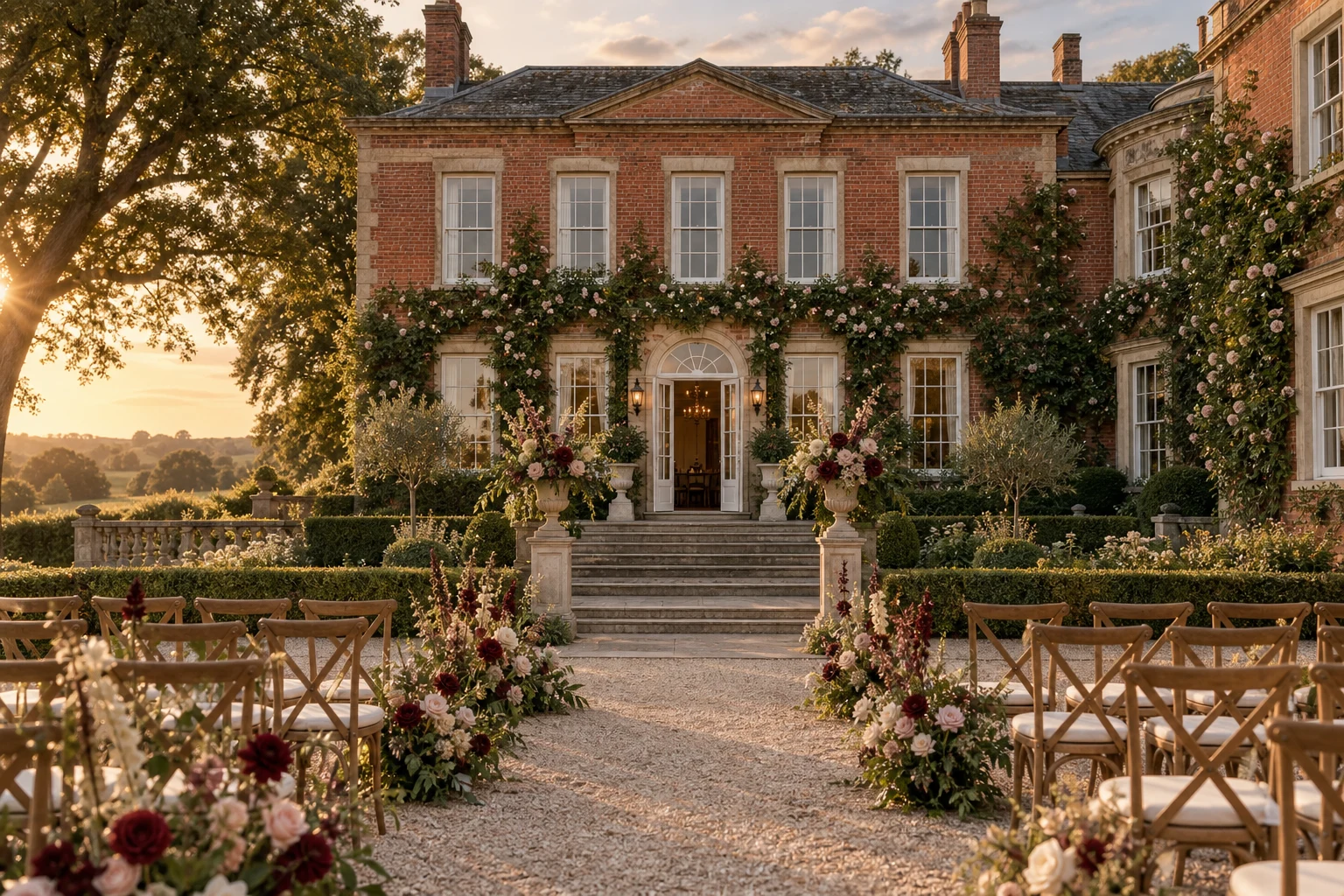 An English country house and garden prepared for a wedding ceremony
