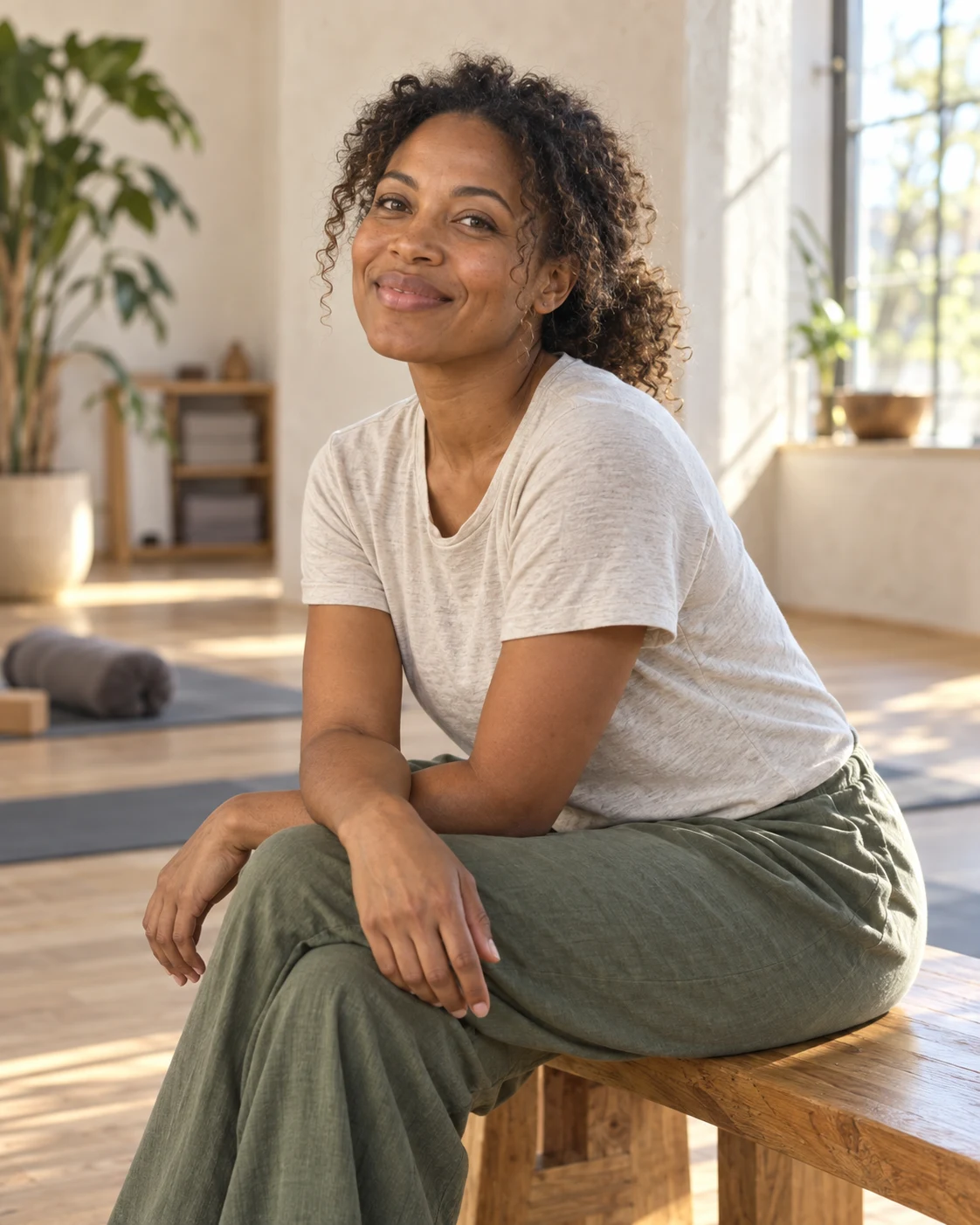 A smiling yoga instructor seated on an oak bench in the studio