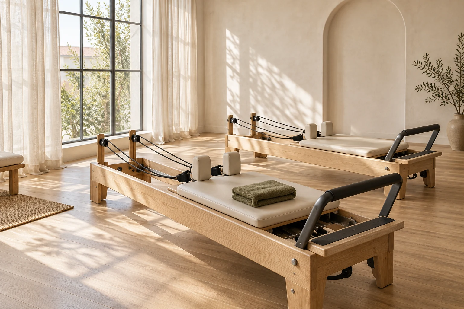 Oak Pilates reformers in a spacious sunlit room with linen curtains