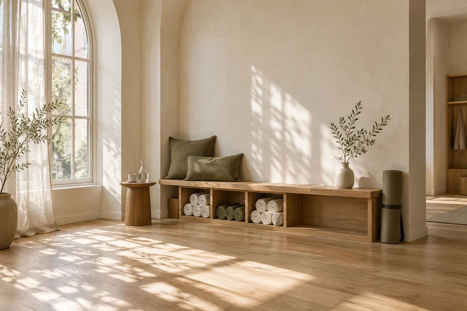 A sunlit studio nook with an oak bench, olive cushions, and cubbies filled with neatly rolled towels
